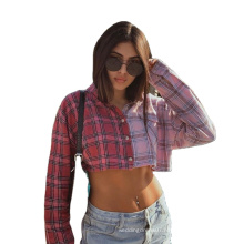 Contrast Color Women's T-Shirts 2021 New Arrival Check Shirt Long Sleeve Buttons Fashion Crop Top Hot Sale Streetwear